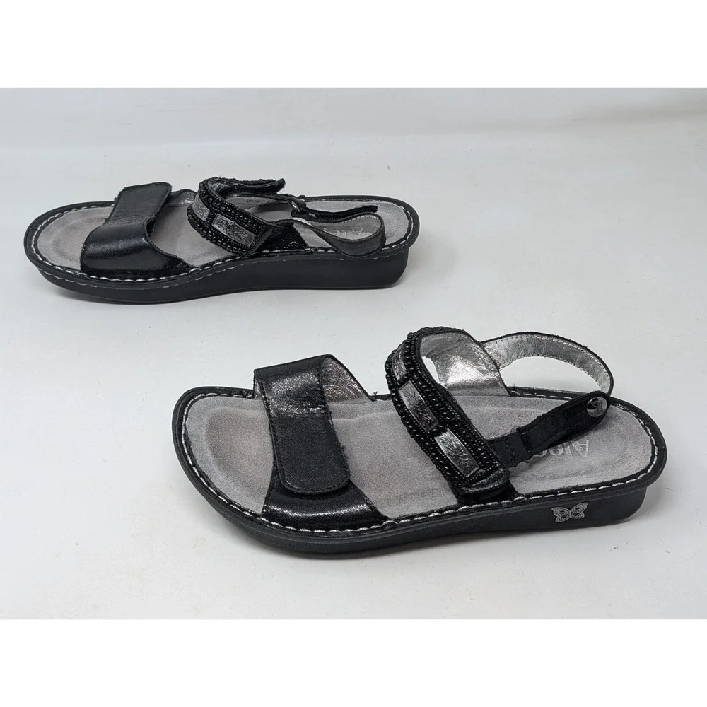 Alegria Verona Wedge Sandal Women Size 38 Black Leather Beaded‎ Metallic 8 8.5 - Picture 3 of 6